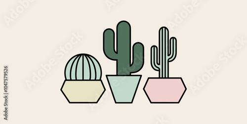 Cute Cacti Collection in Pastel Geometric Pots - Vector Illustration