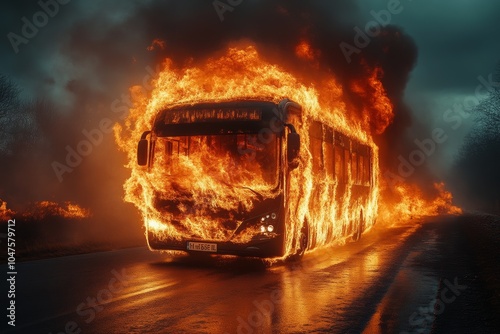 Dramatic Scene of a Burning Modern Bus