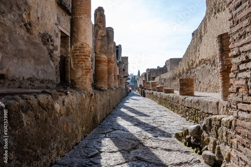 Herculaneum excavations, Naples, Italy. Street of the ancient city destroyed by the eruption of Vesuvius in 79 AD photo