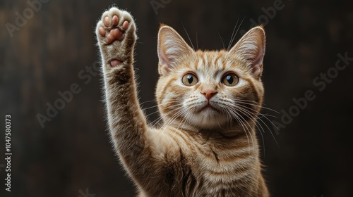 Wallpaper Mural A curious orange tabby cat raises its paw in a playful gesture against a dark background, showcasing its playful personality Torontodigital.ca
