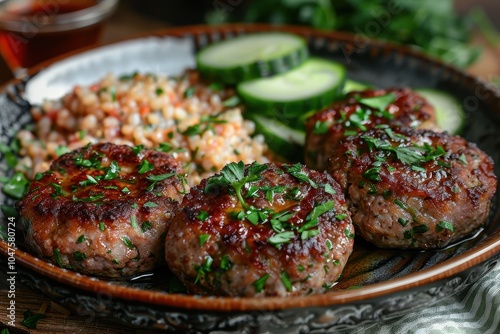 A plate of kotleti, Russian meat patties, served with mashed potatoes and a side of pickled vegetables. photo