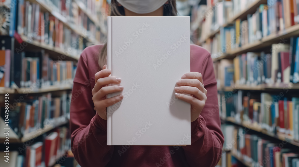 Hands holding book with blank cover in library, power of knowledge, mystery, and blank canvas of learning. Journey through literature rich past and present. Empty book cover mockup Hands holding book with blank cover in library, power of knowledge, mystery, and blank canvas of learning. Journey through literature rich past and present. Empty book cover mockup