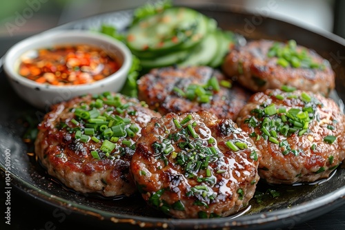 A plate of kotleti, Russian meat patties, served with mashed potatoes and a side of pickled vegetables. photo