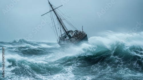 hurricane in the ocean. kargo ship in extreem weather 