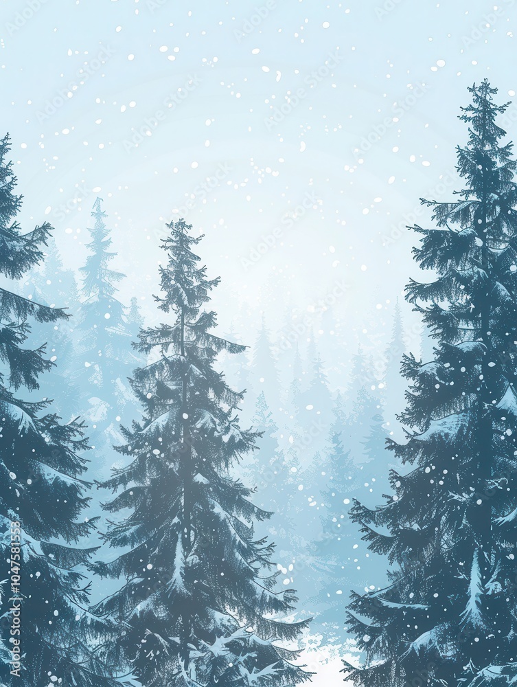 Fototapeta premium Tall pine trees create a serene atmosphere in a snow-laden forest, with gentle snowfall adding a magical touch to the winter landscape. Generative AI
