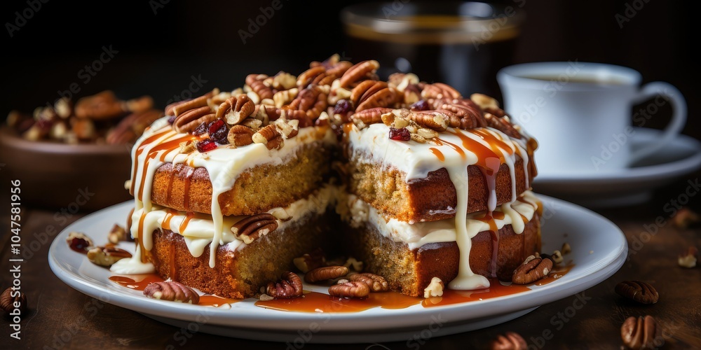 A slice of pecan cake on a plate. A slice of pecan cake on a plate.