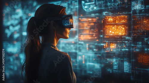 Woman wearing virtual reality goggles in futuristic space. Mixed media. Mixed media