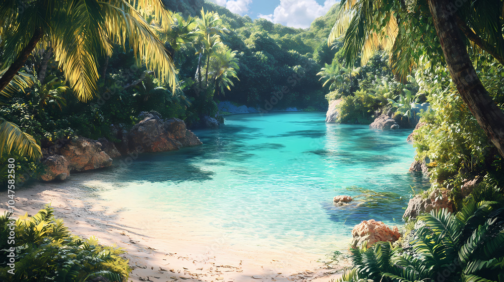 Fototapeta premium A secluded lagoon hidden amidst lush tropical vegetation, its turquoise waters inviting and pristine. Hidden Lagoon. Illustration