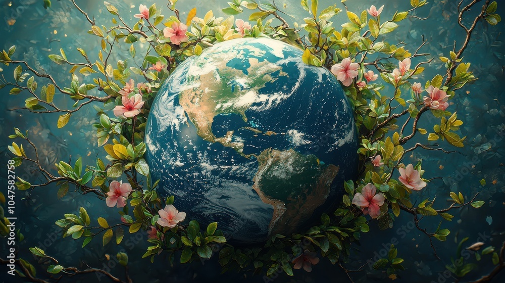 A vibrant depiction of Earth surrounded by lush greenery and blooming flowers showcasing nature's beauty and interconnectedness A vibrant depiction of Earth surrounded by lush greenery and blooming flowers showcasing nature's beauty and interconnectedness