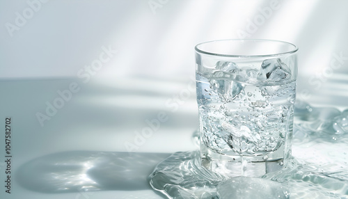 Glass of cold clear water on white background. Refreshing drink