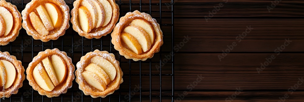 Close-up of apple tarts on baking rack on wooden table background. Thanksgiving and harvest pastry. Homemade dessert and baking concept. Fall season holiday. Flat lay banner with copy space Close-up of apple tarts on baking rack on wooden table background. Thanksgiving and harvest pastry. Homemade dessert and baking concept. Fall season holiday. Flat lay banner with copy space