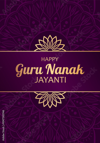 Golden text Happy Guru Nanak Jayanti and abstract ornament on purple background. Elegant festive design for greeting card, banner or poster for birthday of Guru Nanak Gurpurab.