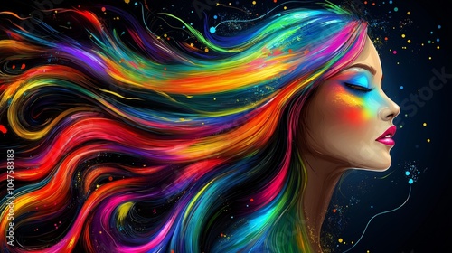 Vibrant portrait of a woman with flowing rainbow hair and colorful makeup