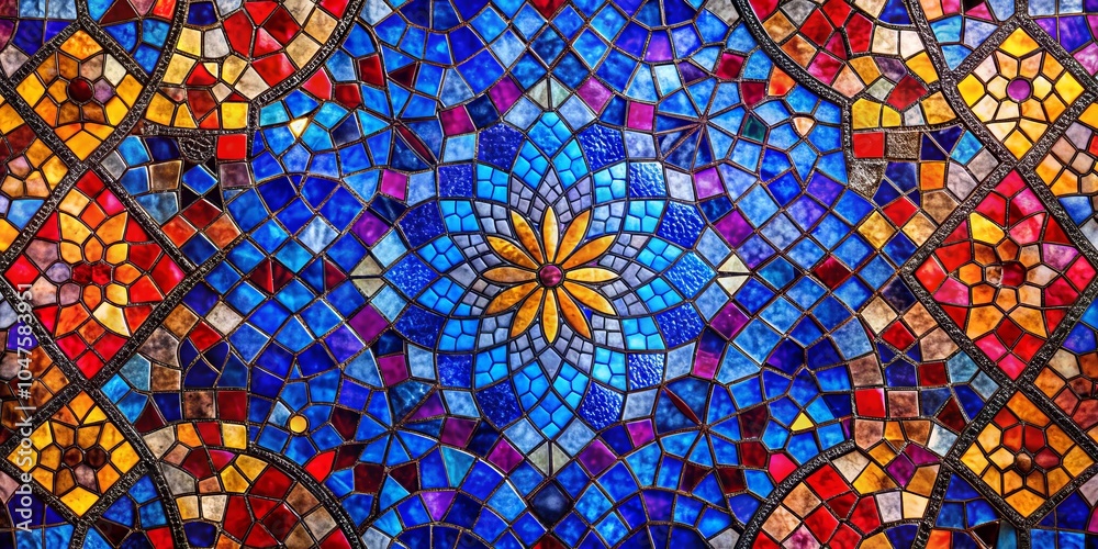 Fototapeta premium Stained Glass Mosaic Pattern with Flower Design, Mosaic, Pattern