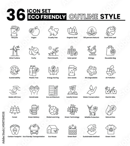 A simple thin line vector Eco Friendly Icon Set . Vector Outline and clean collection crafted for eco-conscious branding, educational materials, environmental. Editable stroke. 