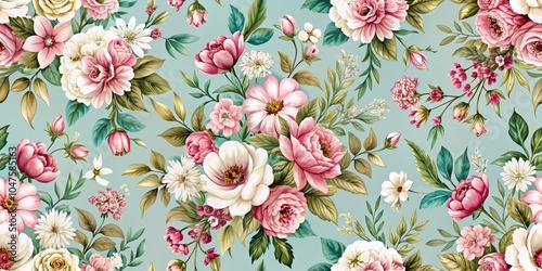 Watercolor Floral Seamless Pattern with Pink and White Flowers on Teal Background, floral pattern, flower design