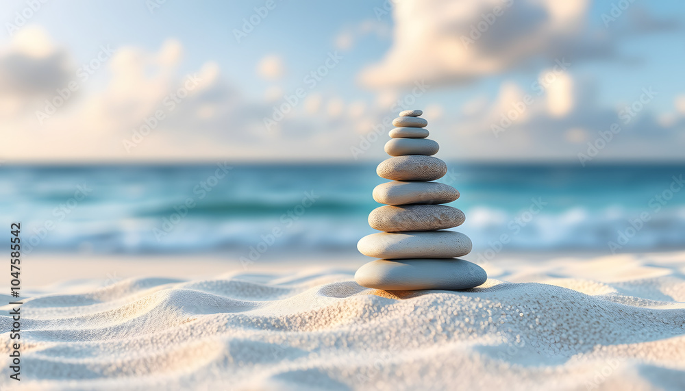Obraz premium Zen pyramid of spa stones on the blurred sea background. Sand on a beach. Sea shores. Place for text isolated with white highlights, png