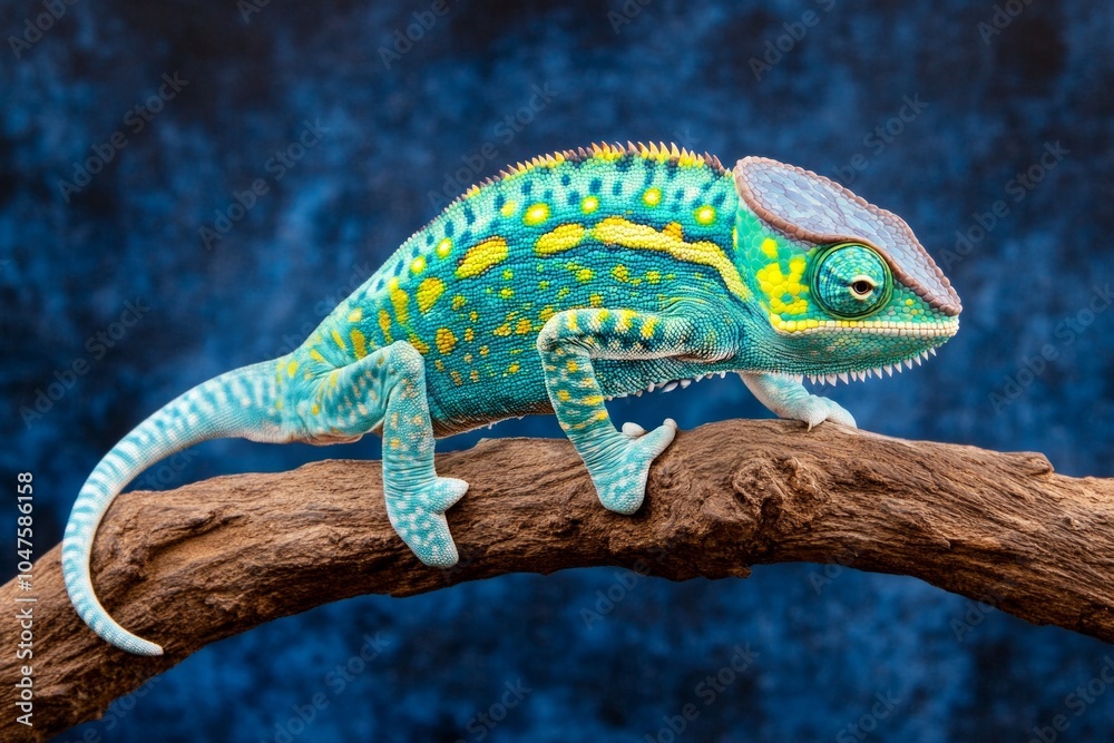 Obraz premium Colorful chameleon perched on a branch showcasing vibrant, intricate skin patterns in a natural habitat setting