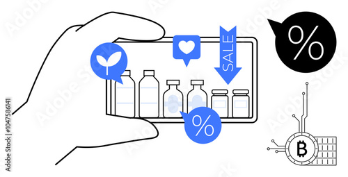 Hand holding a smartphone displaying products and sale icons. Ideal for online shopping digital commerce discounts cryptocurrency integration retail marketing. Highlights modern ecommerce concepts