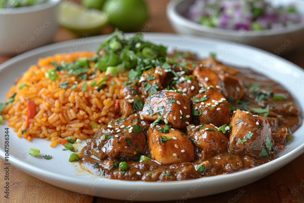 A plate of mole poblano, with succulent chicken pieces smothered in a rich, dark mole sauce, garnished with sesame seeds and served with Mexican rice. A plate of mole poblano, with succulent chicken pieces smothered in a rich, dark mole sauce, garnished with sesame seeds and served with Mexican rice.