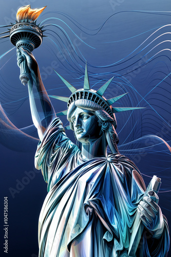 Statue of Liberty with Stylized Background in Blue Tones, Poster
