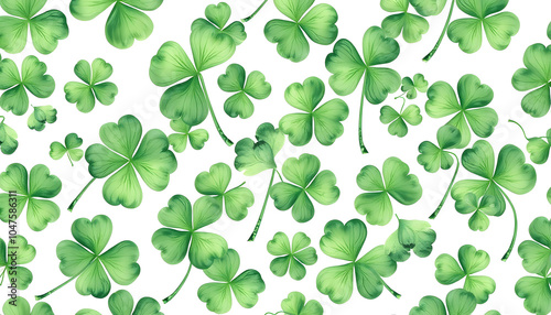 repeat pattern of hand drawn watercolor green shamrock leaves isolated with white highlights, png