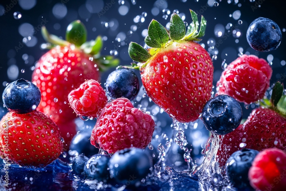 Fresh strawberries, blueberries, and raspberries floating in water droplets against a dark background Fresh strawberries, blueberries, and raspberries floating in water droplets against a dark background
