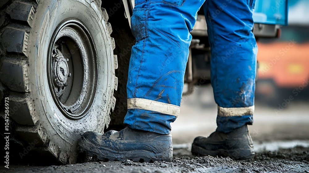Close-Up of Delivery Driver's Work Boots and Tire Close-Up of Delivery Driver's Work Boots and Tire