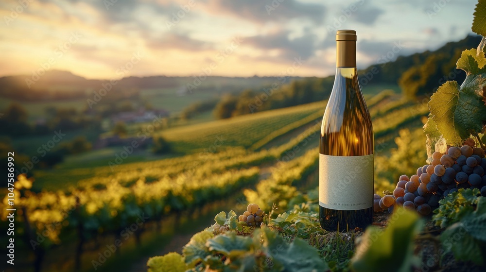 Stylish White Wine Bottle Mockup Set Against a Lush Vineyard Landscape, Perfect for Showcasing Your Wine Brand on Social Media and Marketing Materials Stylish White Wine Bottle Mockup Set Against a Lush Vineyard Landscape, Perfect for Showcasing Your Wine Brand on Social Media and Marketing Materials
