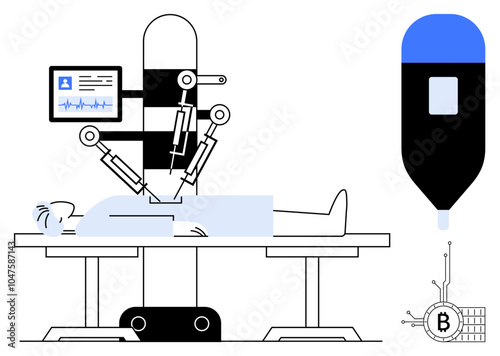 A patient lies on an operating table assisted by robotic surgical arms and a digital monitor. A large dropper and blockchain network icon are also visible. Ideal for health technology, robotic