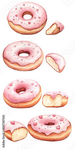 watercolor Colorful pink frosted donuts with heart sprinkles on a white background. transparent background