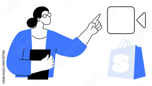 A person with glasses is holding a black object and pointing at a play button symbol. Beside them is a blue shopping bag with a white S. Ideal for online shopping, e-commerce, tutorials, digital