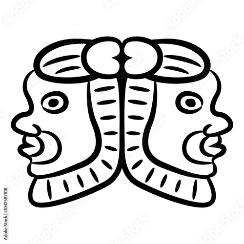 Symmetrical ethnic Janiform design with two heads of ancient Egyptian god Bes. Black and white linear silhouette.