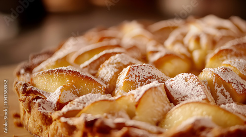 Delicious Close-Up of an Enticing Rich Apple Pie with Powdered Sugar, Showcasing the Perfect Treat for Every Season