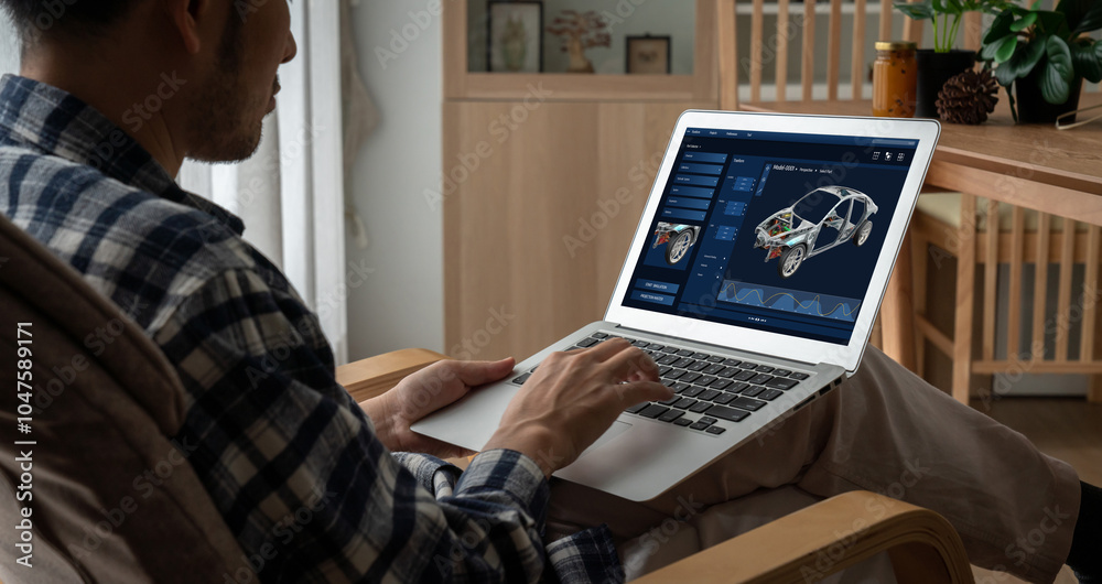 Electric car design software on computer screen showing simulation blueprint snugly by digital calculating application for manufacturing preparation Electric car design software on computer screen showing simulation blueprint snugly by digital calculating application for manufacturing preparation