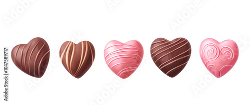 Assorted chocolate hearts on a white isolated background. transparent background