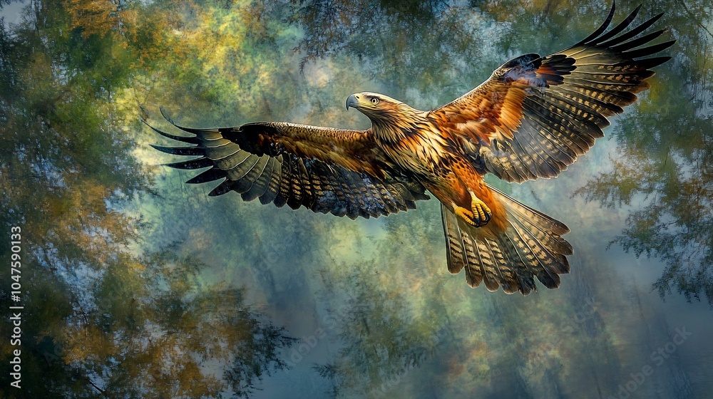 Fototapeta premium A majestic eagle soars through the sky with its wings outstretched, its sharp eyes focused on its prey.