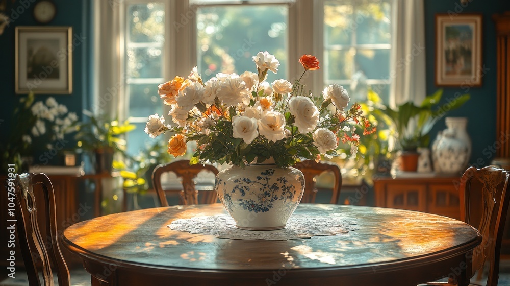 Sunbeams illuminate a bouquet of white and orange roses in a vintage vase on a wooden table in a classic dining room. Sunbeams illuminate a bouquet of white and orange roses in a vintage vase on a wooden table in a classic dining room.