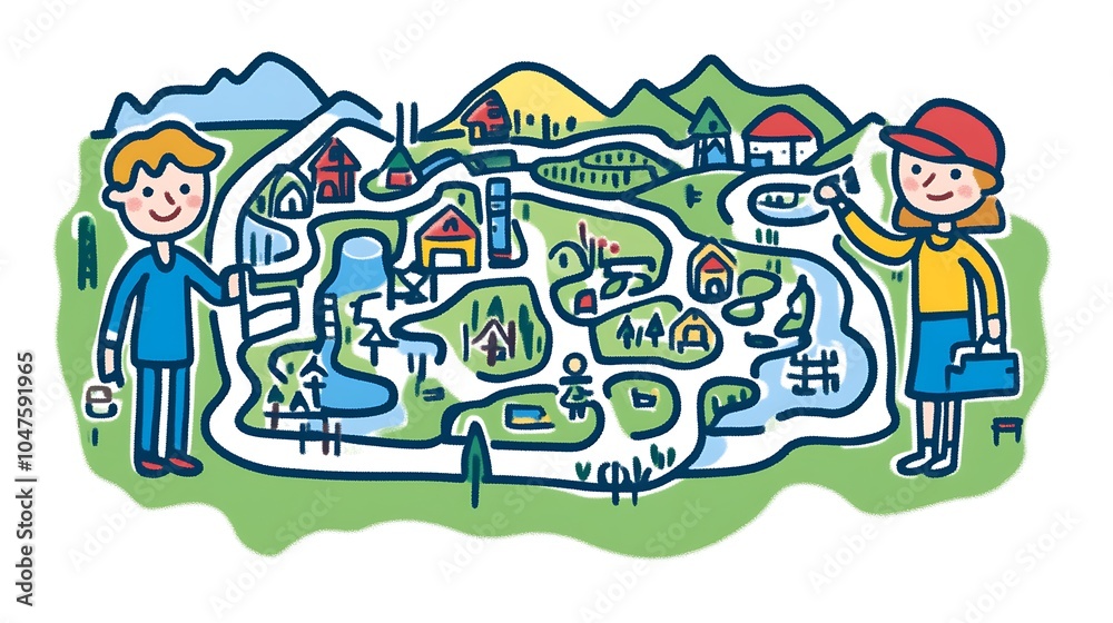 Fototapeta premium Colorful Illustrated Landscape Map with Characters