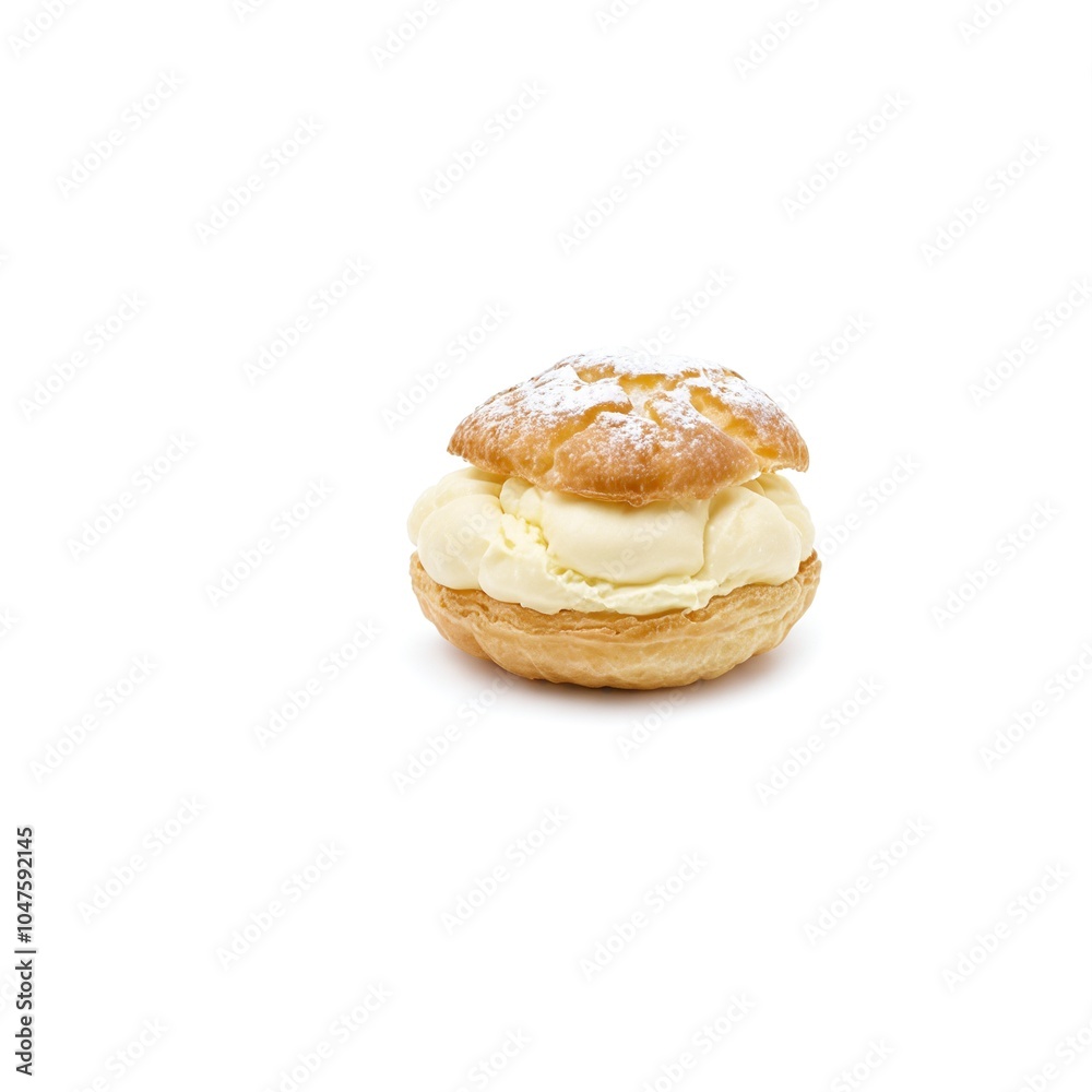 Choux Puff Pastry on Plate: Filled with Cream and Sprinkled with Powdered Sugar Choux Puff Pastry on Plate: Filled with Cream and Sprinkled with Powdered Sugar