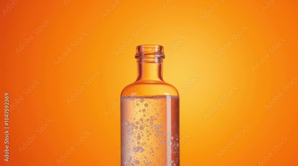 A translucent glass bottle filled with sparkling water is positioned against a glowing orange background, creating a refreshing and vibrant visual contrast. A translucent glass bottle filled with sparkling water is positioned against a glowing orange background, creating a refreshing and vibrant visual contrast.