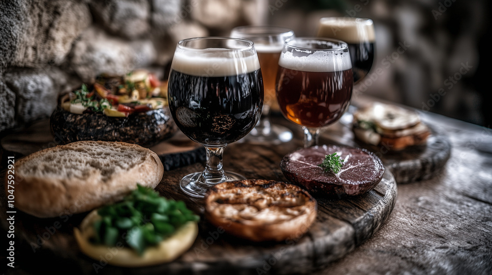 Selection of Craft Beers on Wooden Table in Cozy Brewery Selection of Craft Beers on Wooden Table in Cozy Brewery