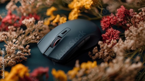 A dark, modern computer mouse is elegantly displayed on a bed of dry flowers, contrasting the organic with the technological in intricate fashion. photo