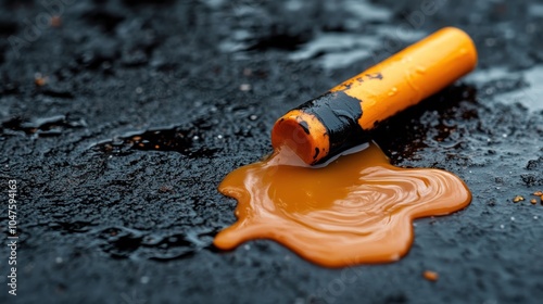 A melted orange crayon creates swirling patterns on dark asphalt, offering a striking visual representation of creativity, spontaneity, and artistic expression. photo