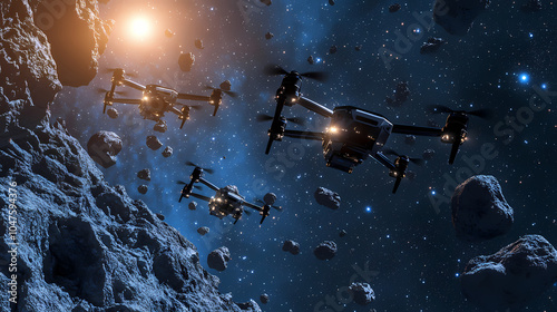 Ai-controlled drones conducting a survey of an asteroid belt outer space. Asteroid Belt. Illustration photo