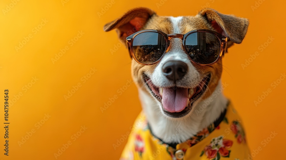 Happy, Smiling Dog in Sunglasses on a Colorful Background with Space for Copy, Close-Up Portrait of a Jack Russell Terrier Wearing a Yellow Shirt and a Flower
Happy, Smiling Dog in Sunglasses on a Colorful Background with Space for Copy, Close-Up Portrait of a Jack Russell Terrier Wearing a Yellow Shirt and a Flower