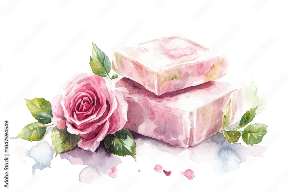 Handmade Herbal Soap with Rose Flower Extract. Watercolor Illustration on White Background