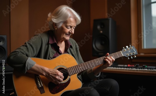 Old lady Playing guitar In Studio , Old Lady In happy mood 