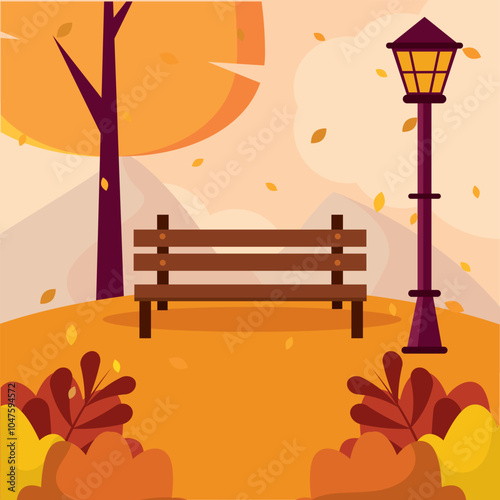 Bench and street lamp in autumn park setting, Vector