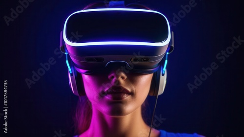 Person wearing VR goggles with headphones, representing modern gaming and entertainment technology in a vibrant digital landscape